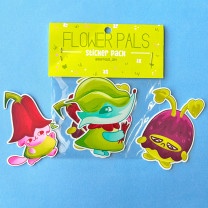 Flower Pals sticker pack with three colorful stickers on a blue background