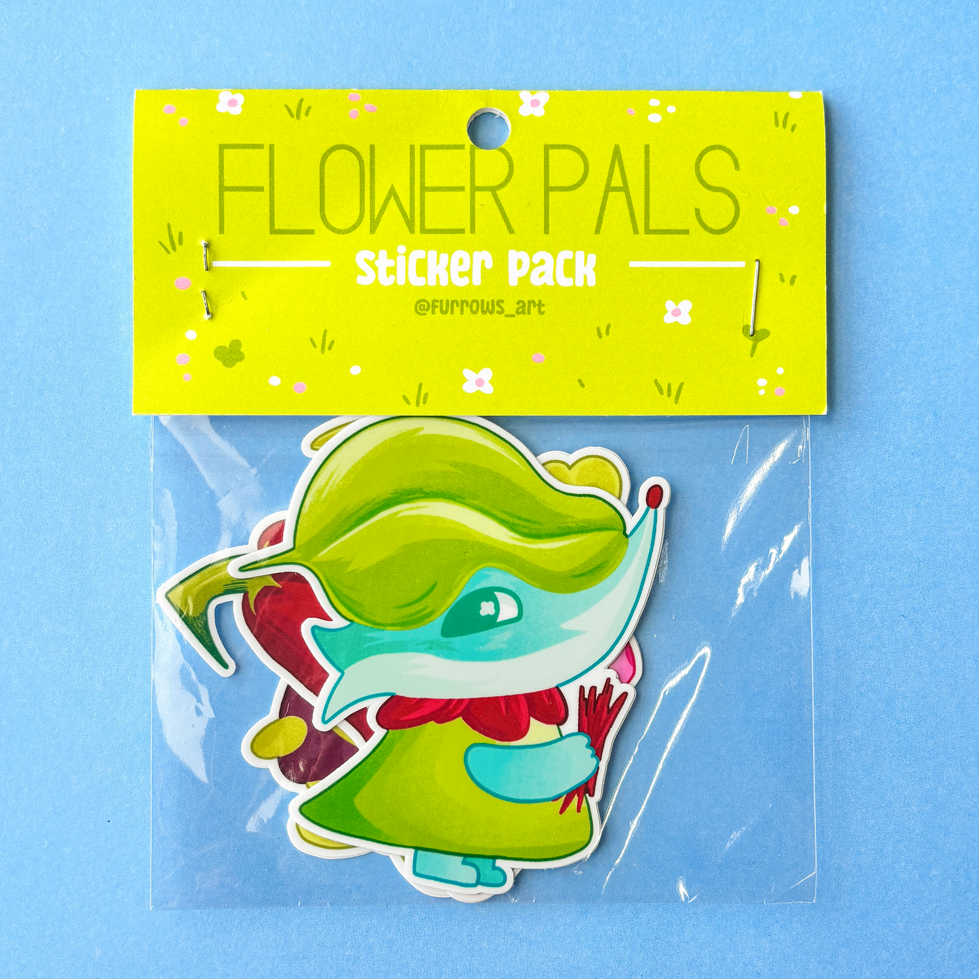 Flower Pals sticker pack with a green character on a blue background