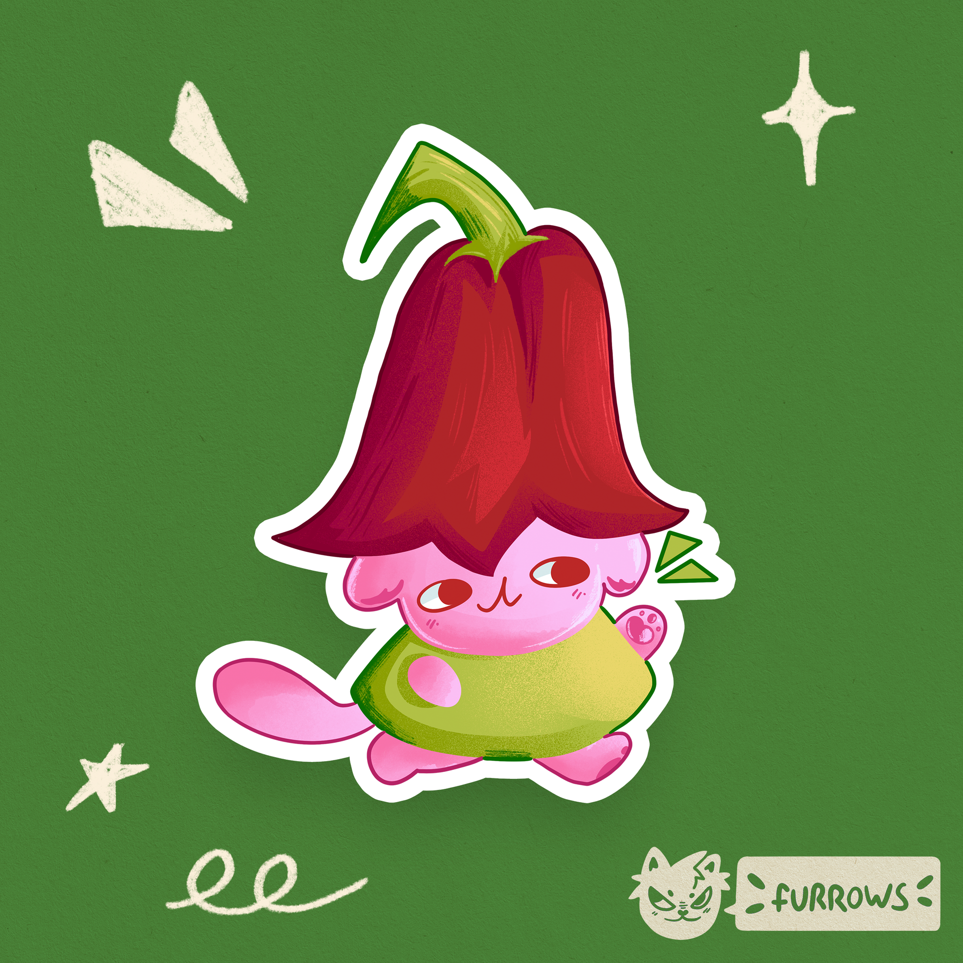 Pink puppy character with red tulip and green body on a green background, featuring the brand 'Furrows'.