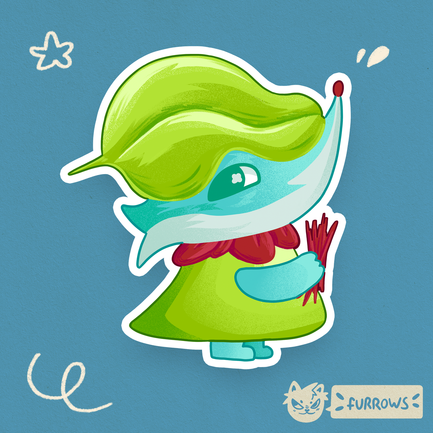 Blue Fox character with oversized leaf and dress on a blue background, featuring the 'Furrows' logo.