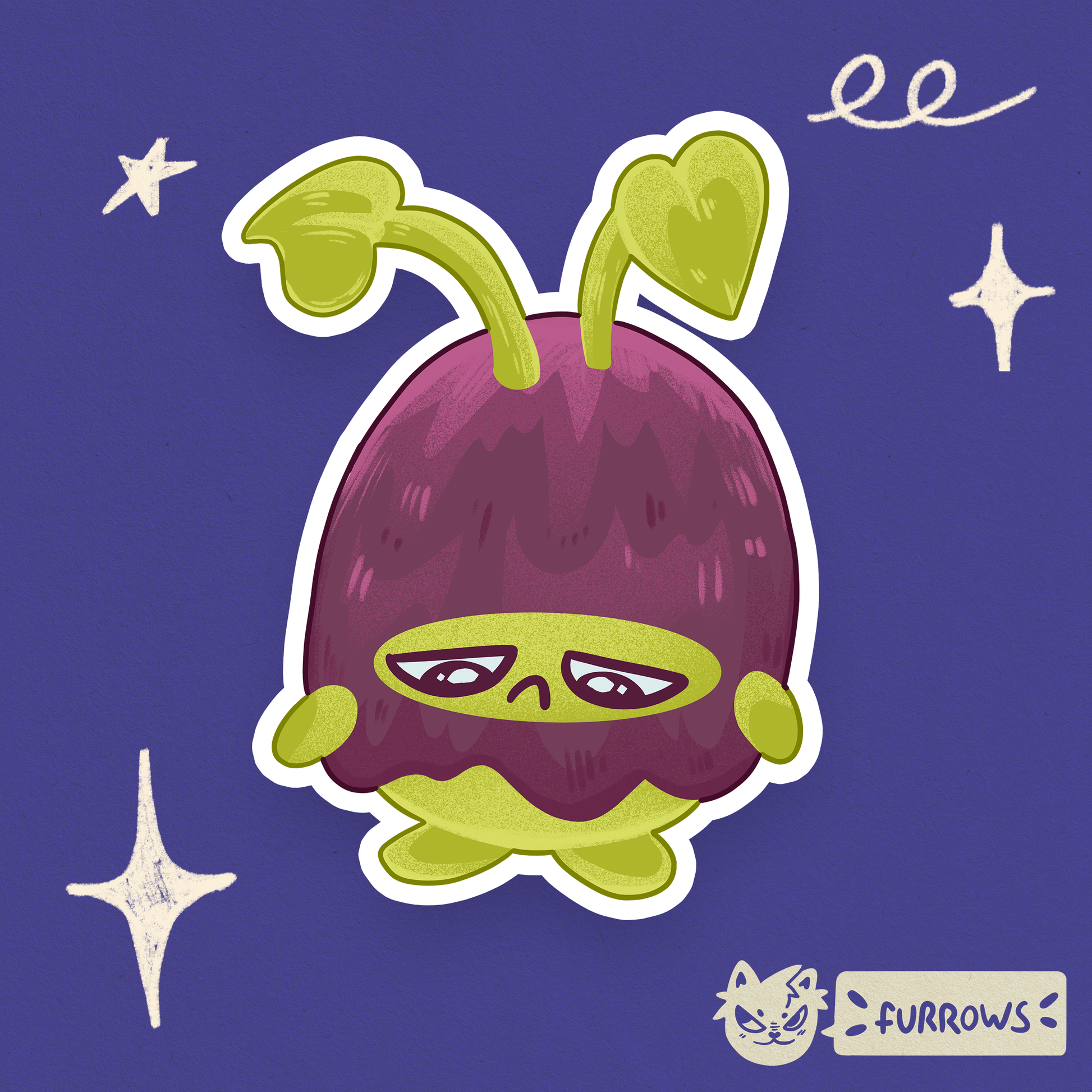 purple Sad bug character with green leaves on a purple background, featuring the brand 'Furrows'.