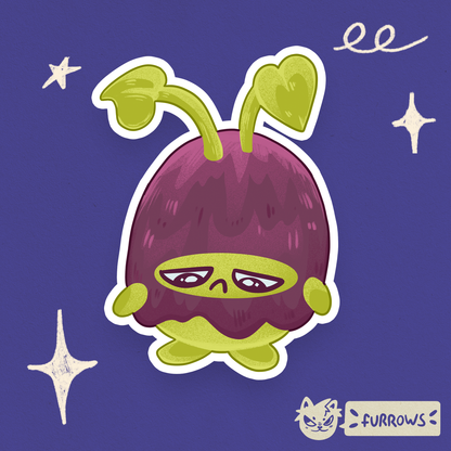 purple Sad bug character with green leaves on a purple background, featuring the brand 'Furrows'.
